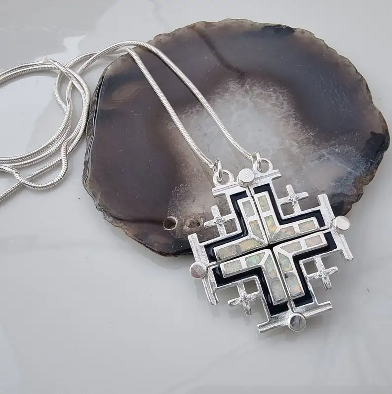 High Quality Gold Plated Men Solid 925 Sterling Silver Holy Orthodox Opal Stone Jerusalem Cross Pendant Chain Necklace
