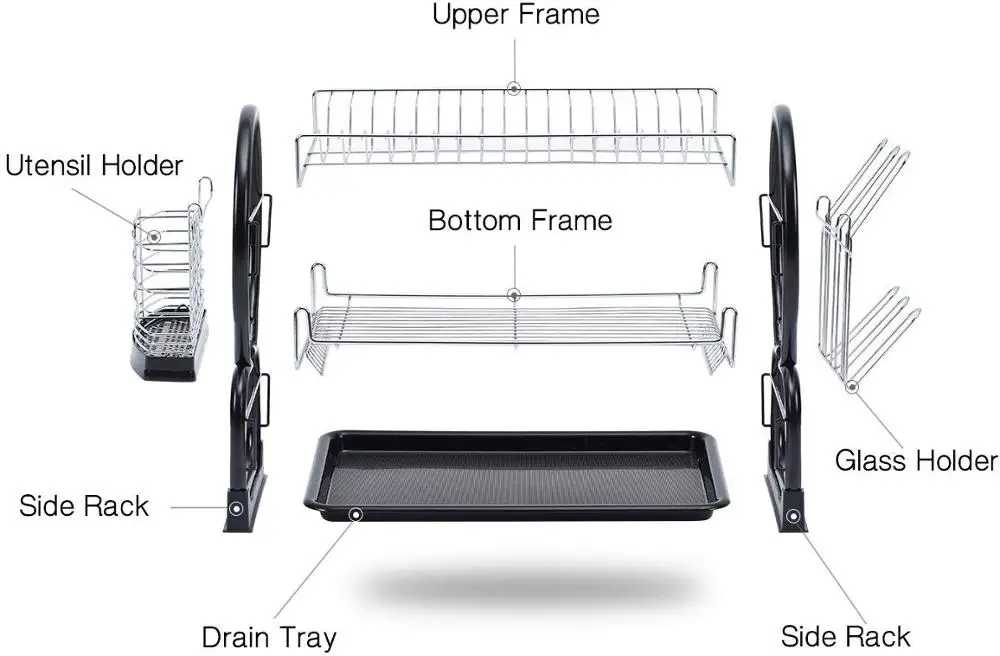 Kitchen big capacity bowl plates hold detachable 2 tier black metal dish rack with tray