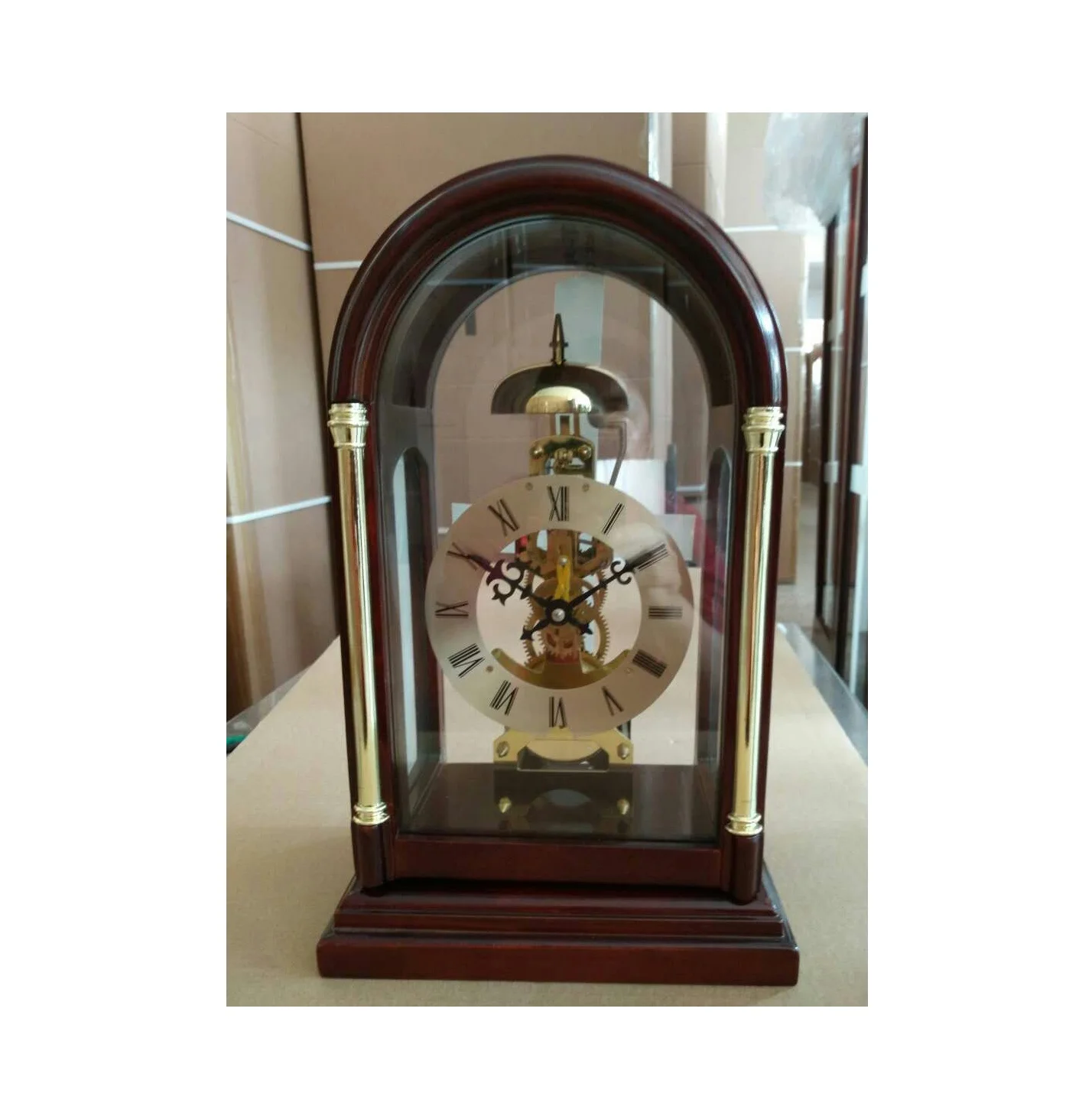 Solid Wood Case with Walnut Finish, Protective Glass Lens, Metal Dial Standard Mantel Table Clock