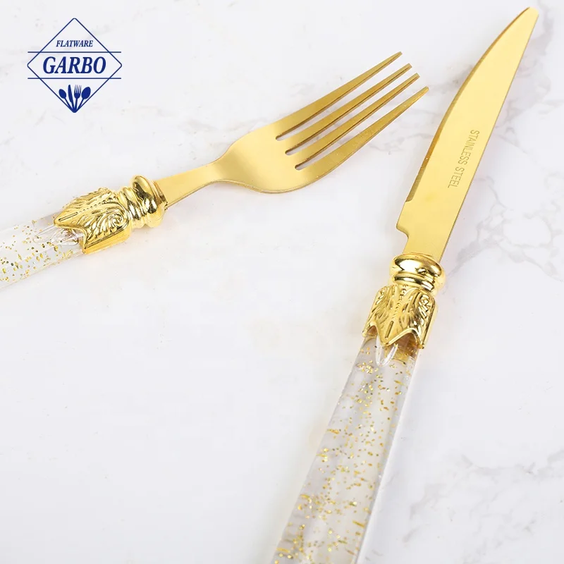Factory supply 410 SS Steak Knife with PS Gold Handle Home Table Used Custom Flatware Dinner Knife Silverware Set
