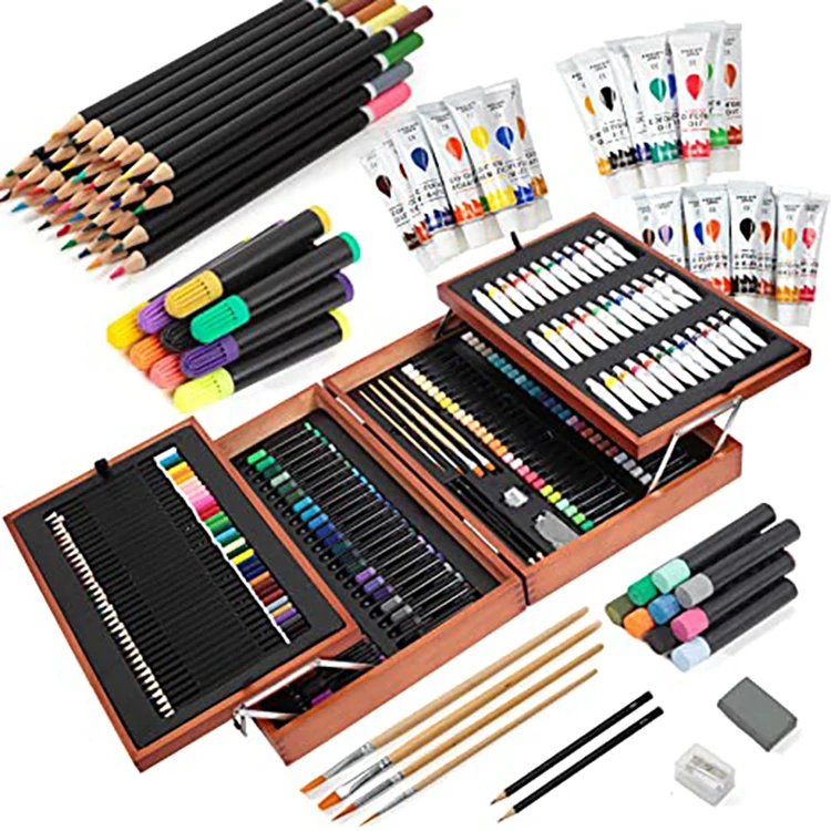 174 Pcs Art  Wooden box Artist Drawing Set Acrylic Oil Watercolor Paint kit for painting