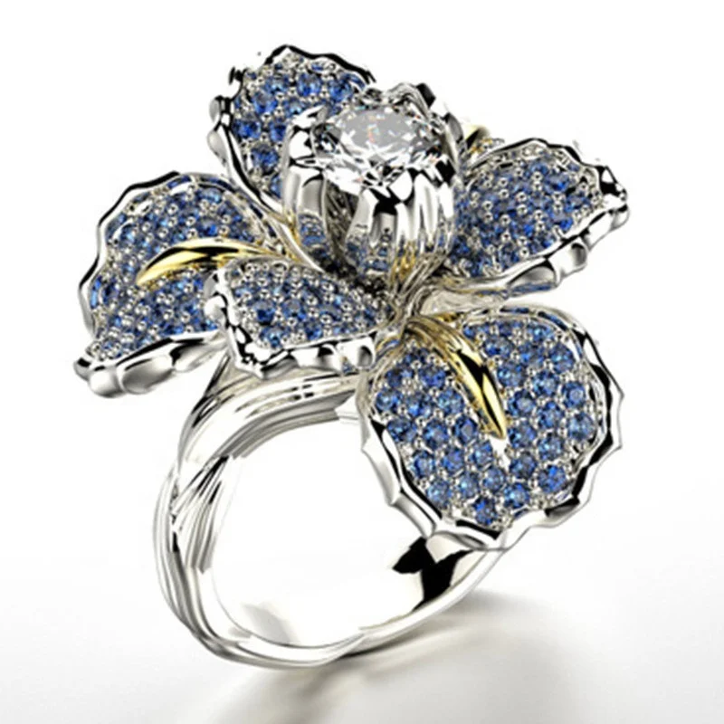 
New Full Drill Iris Two-color Ring Fashion Blue Flower Ring Female Jewelry Wholesale 