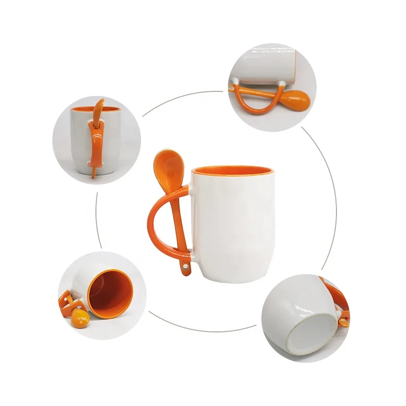 Factory Supply 12oz coated mug sublimation Ceramic cup with spoon coffee mug set