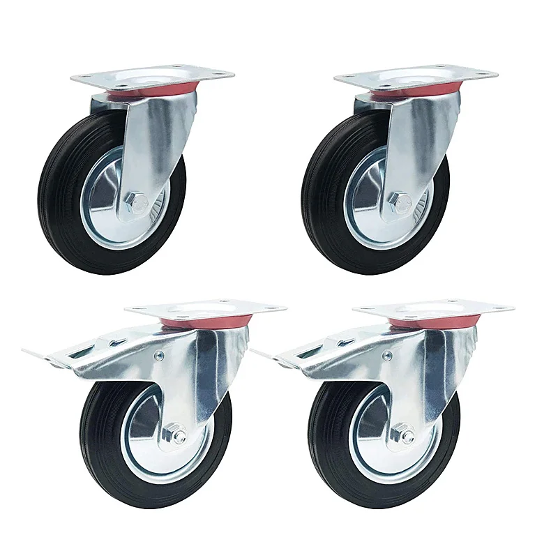 6 inch Industrial wheel black rubber wheel with swivel fork heavy duty caster with brake