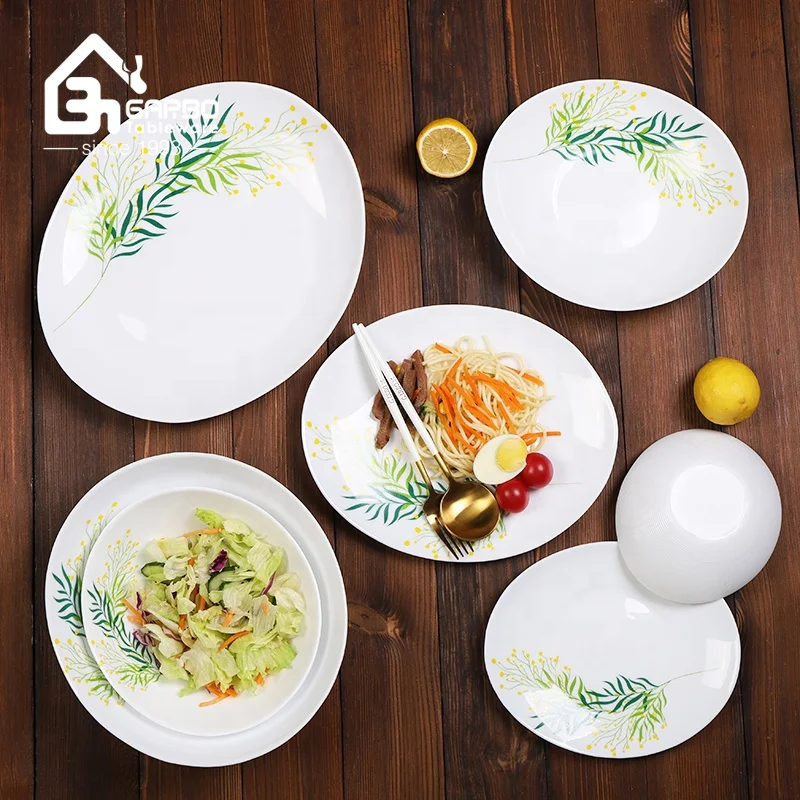 Manufacturer opal glass dinnerware set with decal and heat resistant luxury dinner set with 9inch opal glass  plate and bowl set