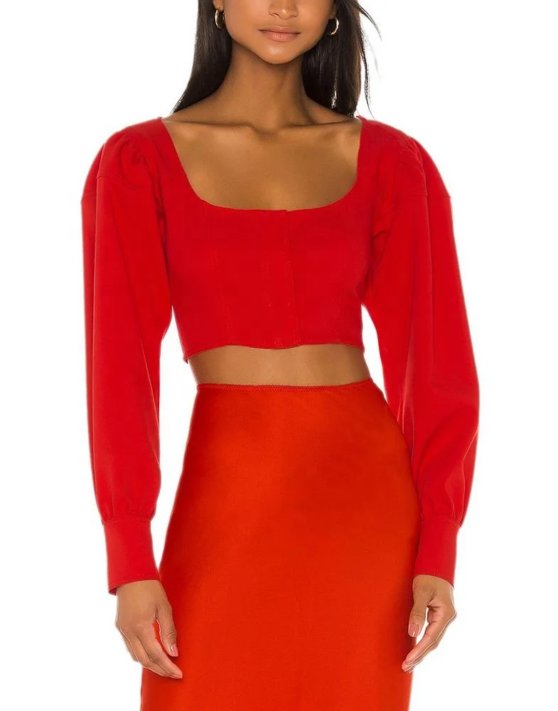 OEM service 100% polyester Women red puff sleeves blouse top with skirt clothing 2 piece set