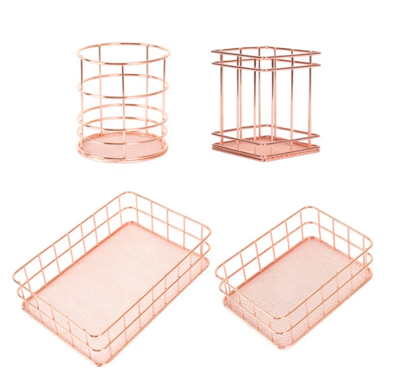 Storage Baskets New Bathroom Kids Home Small Mesh Tabletop Storage Organizer Rose Gold Metal Wire Baskets