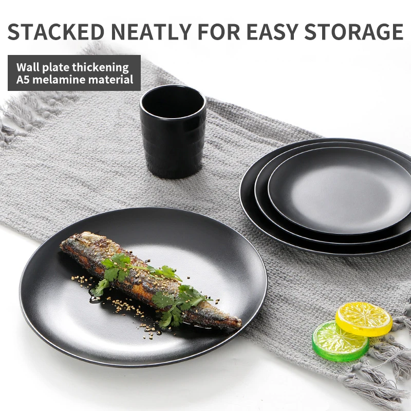 custom Print Matt Elegant Melamine Diner Plates Set 6.8 Inch Melamine Black Plates Restaurant Black Melamine Sushi Plates