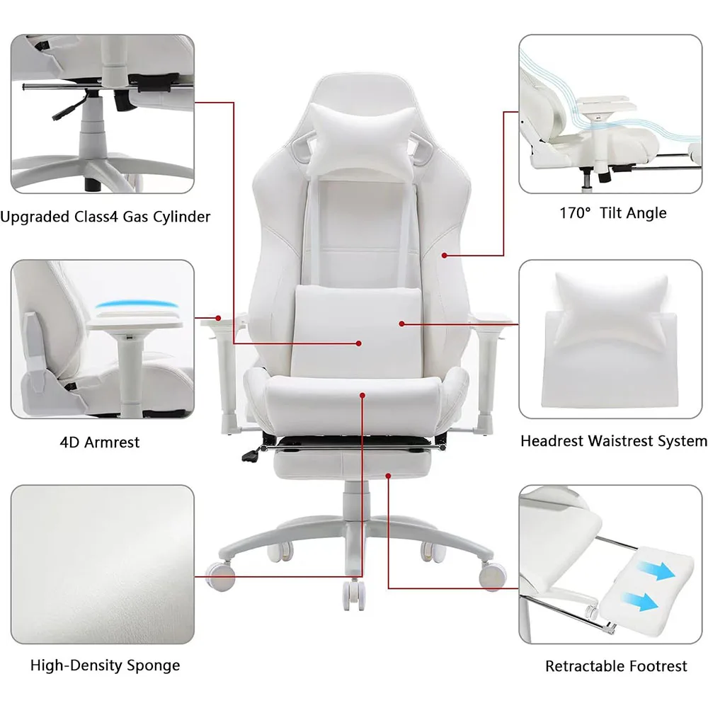 Modern Pu Leather Computer Gaming Chair Pc Game Ergonomic Racing Chair White Gaming Chair Gaming Home Office