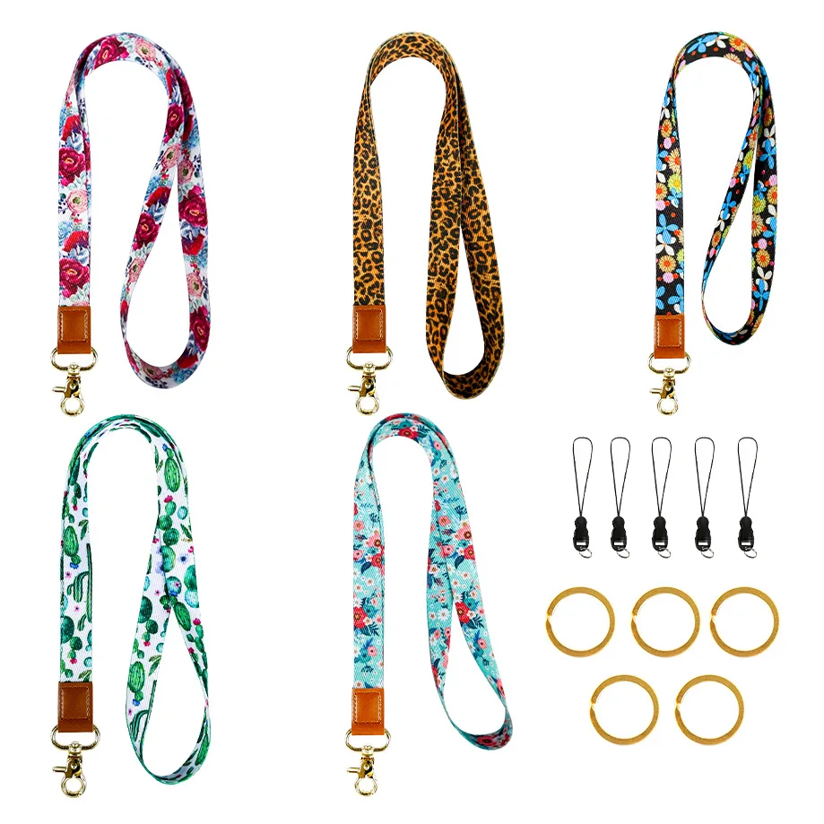 Cactus peony flower floral polyester wrist strap thickened leopard print ID lanyard mobile phone rope