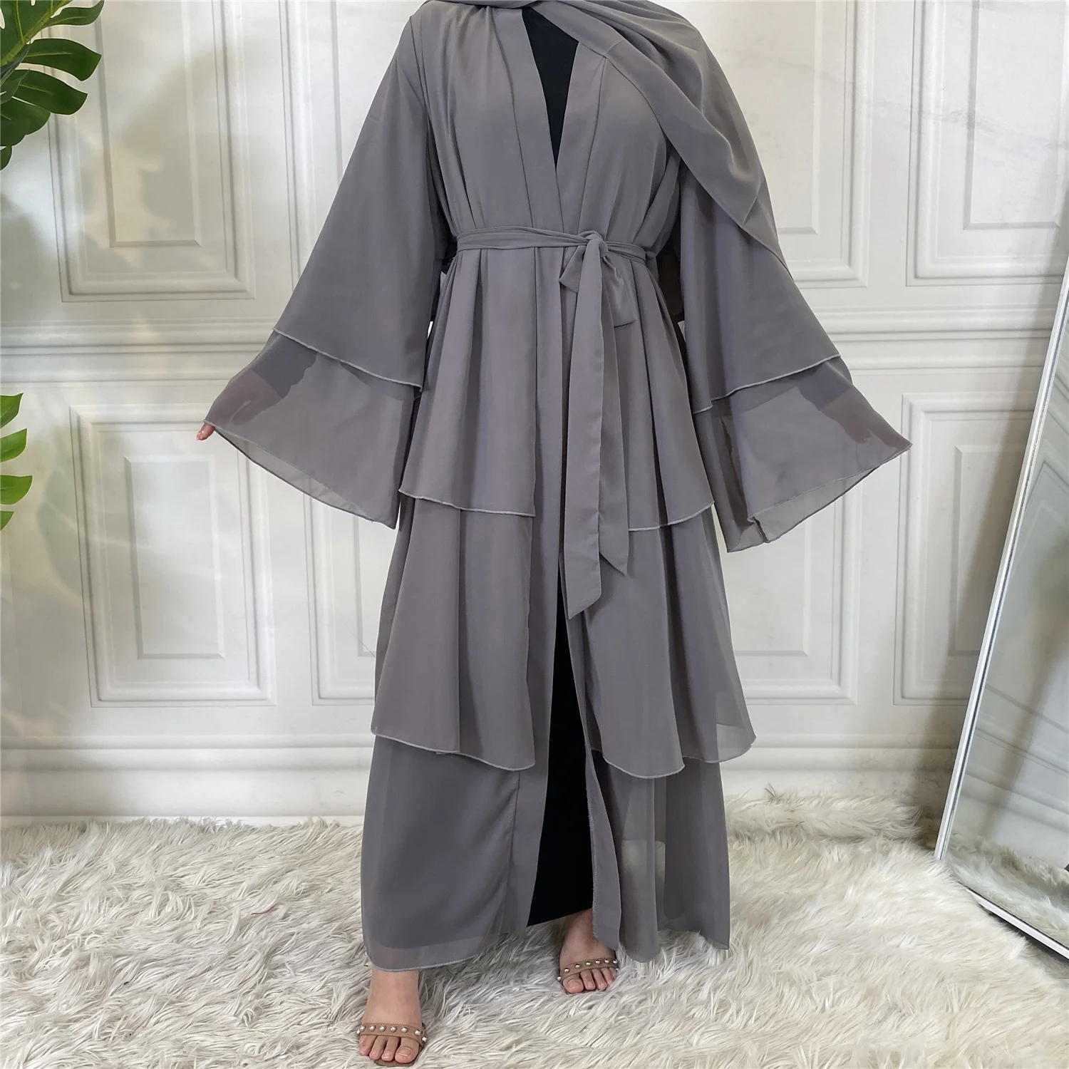 Best Seller Chiffon Open Abaya Solid Color 3 Layered Long Sleeve Dubai Abayas Cardigan Style 9 Colors