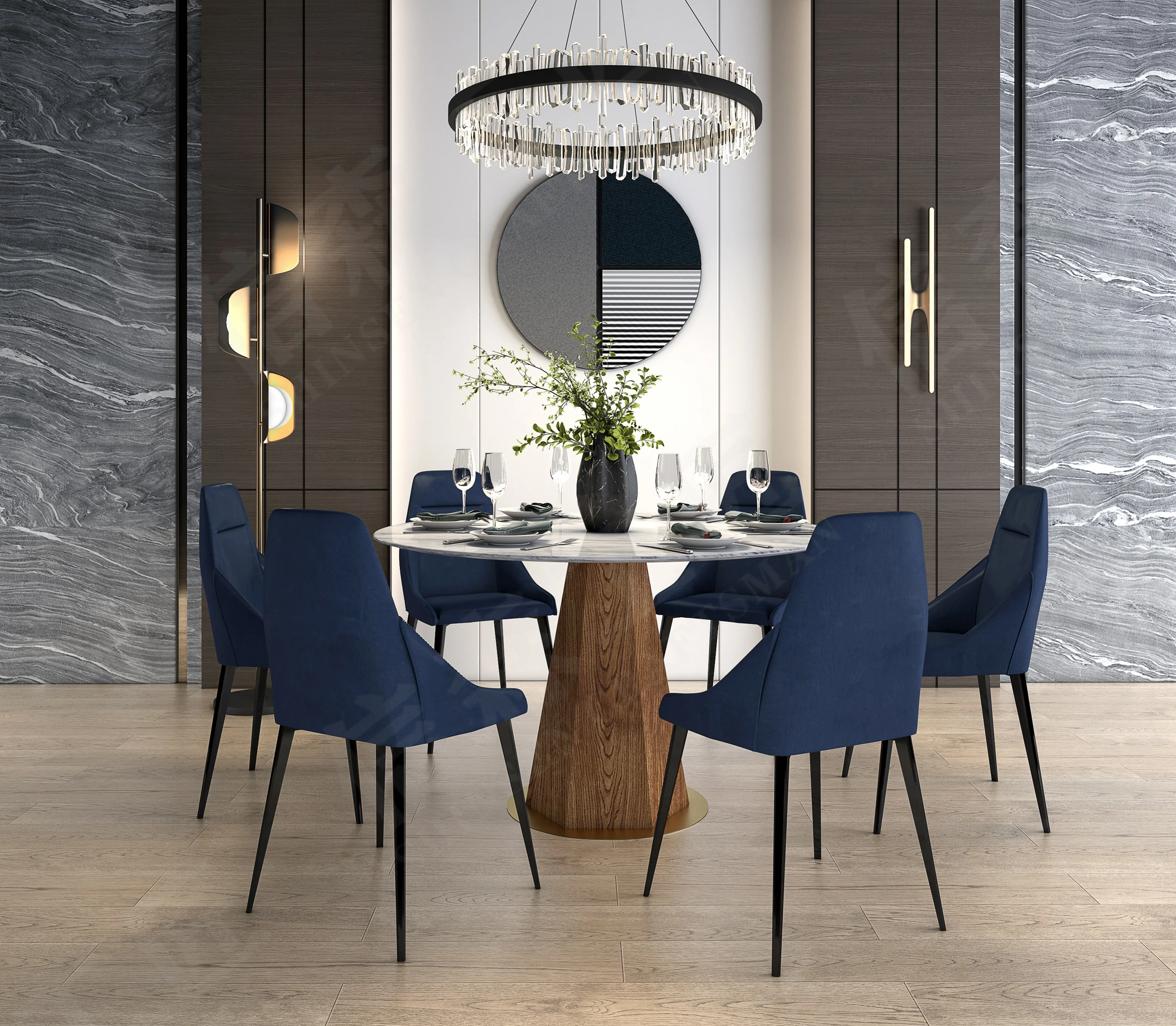 Guangdong Foshan Factory Marble Dining Table Round Rotating Dining Table and With A Wooden Foot With a Metal Base
