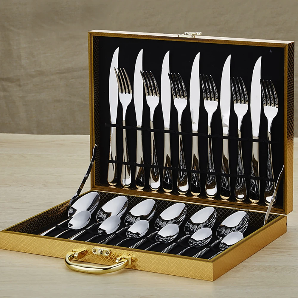 
Custom reusable luxury stainless steel flatware sets with gift box gold dinnerware sets manufacturer wholesale cutlery set 24pcs 