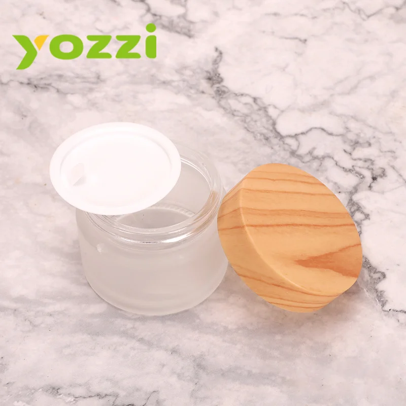 5g 10g 15g 30g 50g Frosted Glass Wood Cover One Free Sample  Cream Jar For Cosmetics