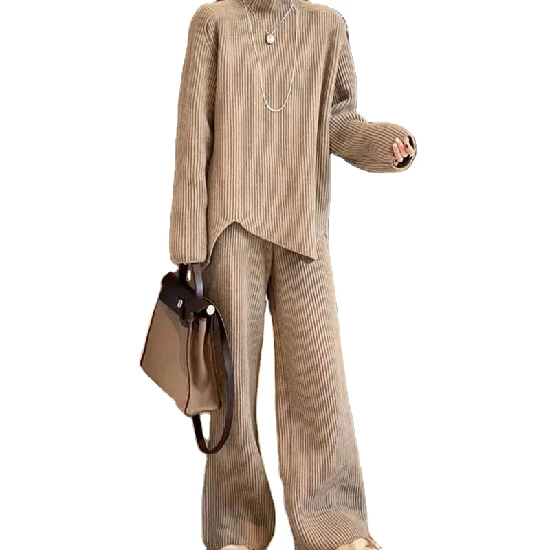 2024 autumn high-quality best-selling crewneck long sleeve loose solid color knit sweater two-piece pants set