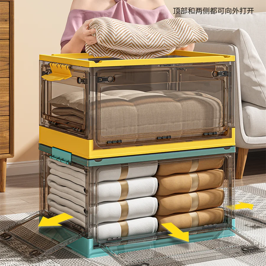 Factory five door open folding storage box large capacity plastic clothes books snacks collapsible storage box with wheels