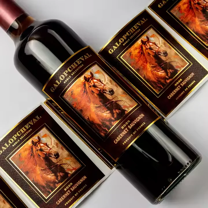 Luxury Embossed Rose Gold Foil Bottle Printing Labels for Custom Red Wine, Champagne, and Fancy Sparkling Water Packaging.