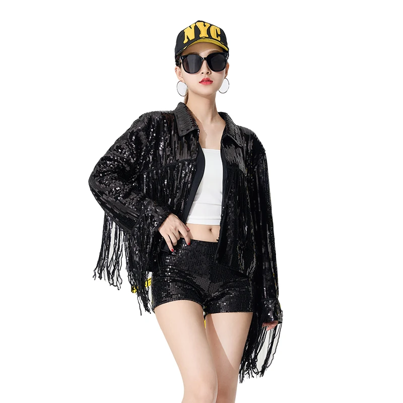 Women Long Sleeve tassel hip hop Jazz Dance Costume coat Sequin bomber Jacket