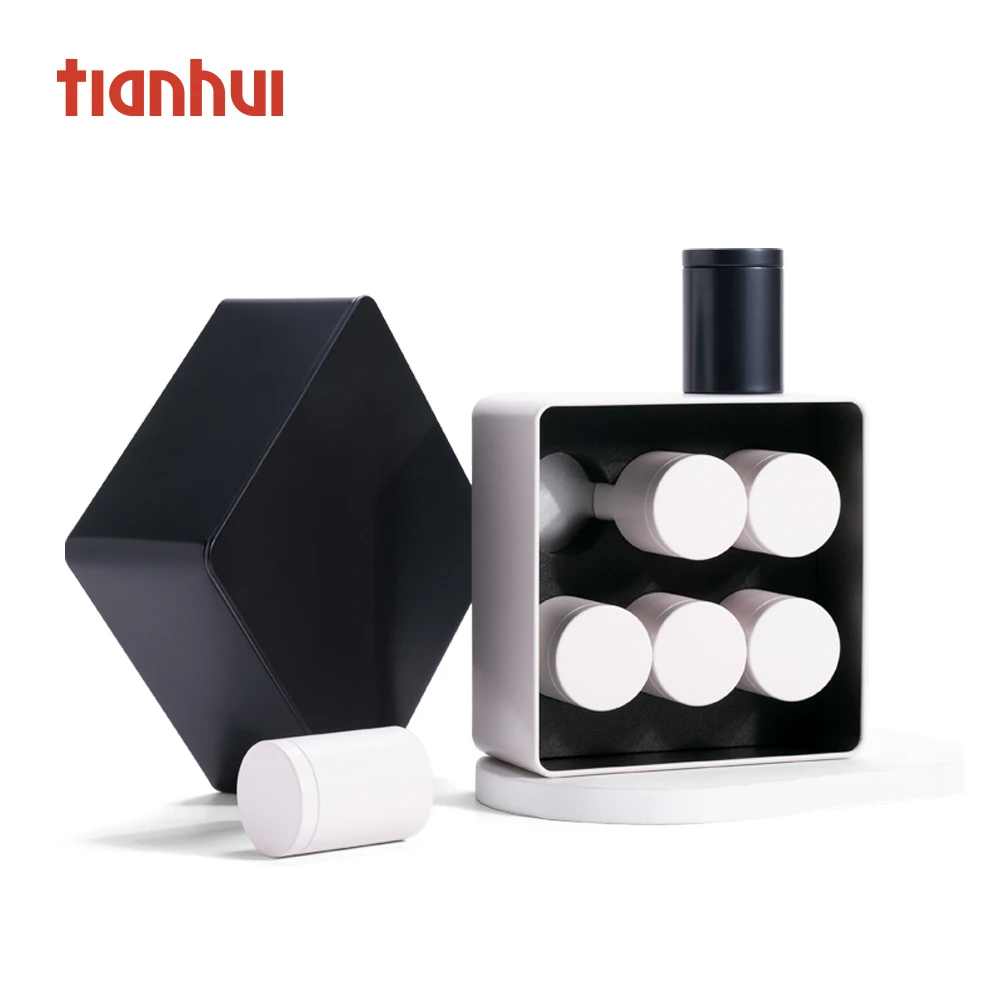 Tianhui Square Coloured Custom Black Metal Boxes with Six Tins Set for Loose Tea Leaves Gift Packaging Set