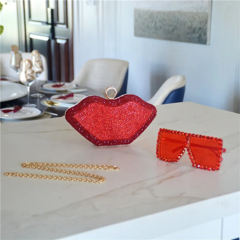 Sexy Lip Shape Ladies Clutch Crystal Evening Bag Bridal Purse Handbags Clutches And Evening Bags Ladies With Sunglasses Set 2021