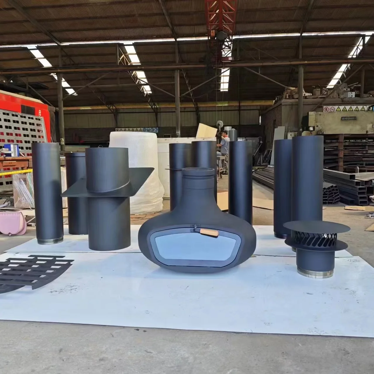 Wood burning indoor fireplace suspended metal glass door diameter 800mm living room decorative fireplace