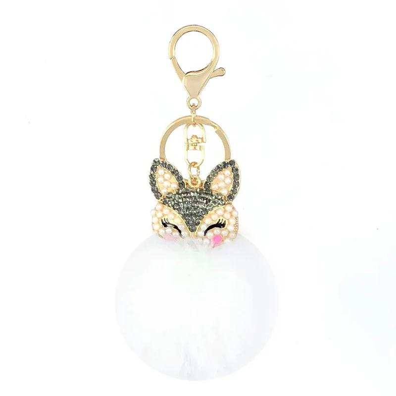 New Hot Juli Cute Charm Fox Fur Ball Pendant Keychain Pearl and Rhinestone Fox Head Keychain