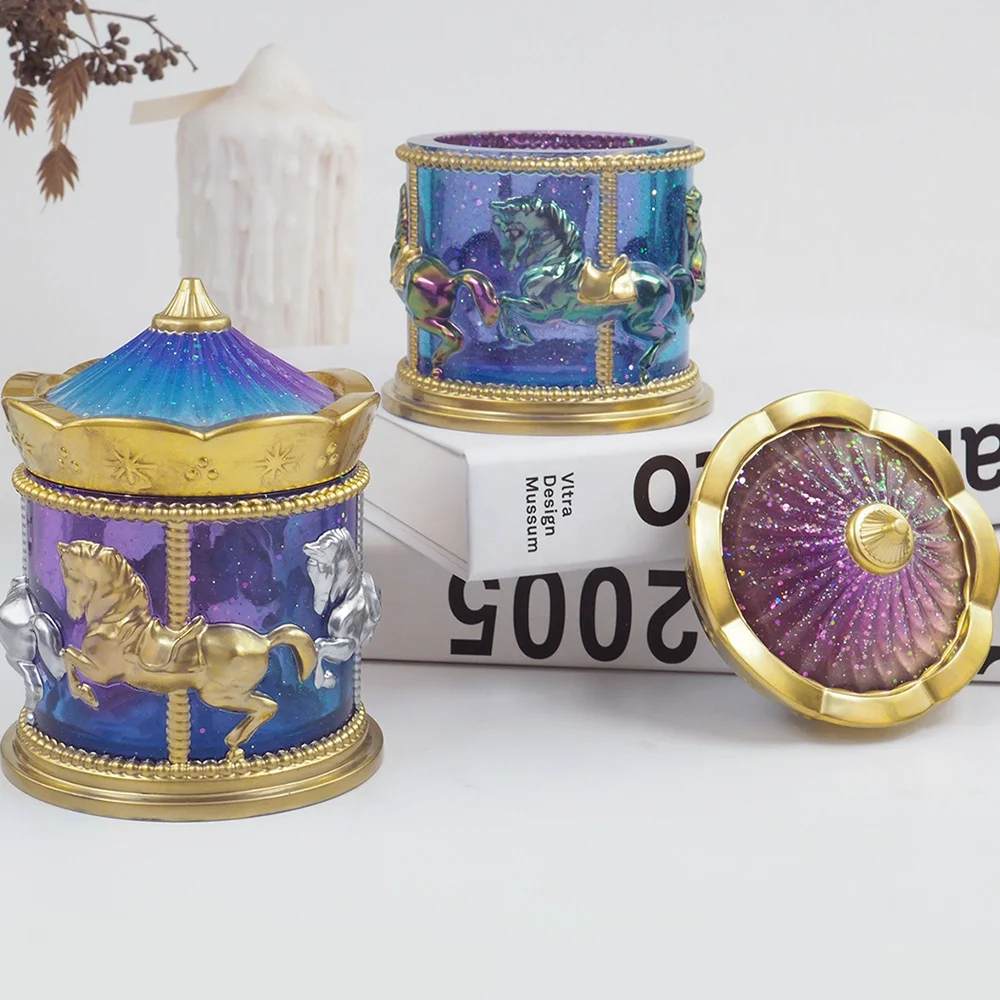 DM790 Carousel Horse Jar Mold Jewelry Storage Box Epoxy Resin Silicone Mold For cement concrete plaster