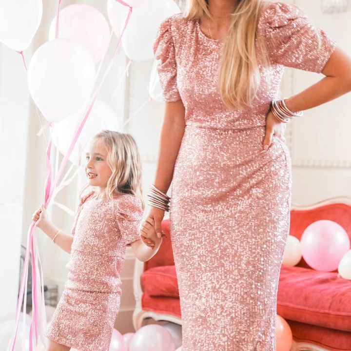 New Mom And Daughter Wedding Pink Sequins Dresses Matching Outfits Set Family Look Short Sleeve Long Dress For Mommy And Me