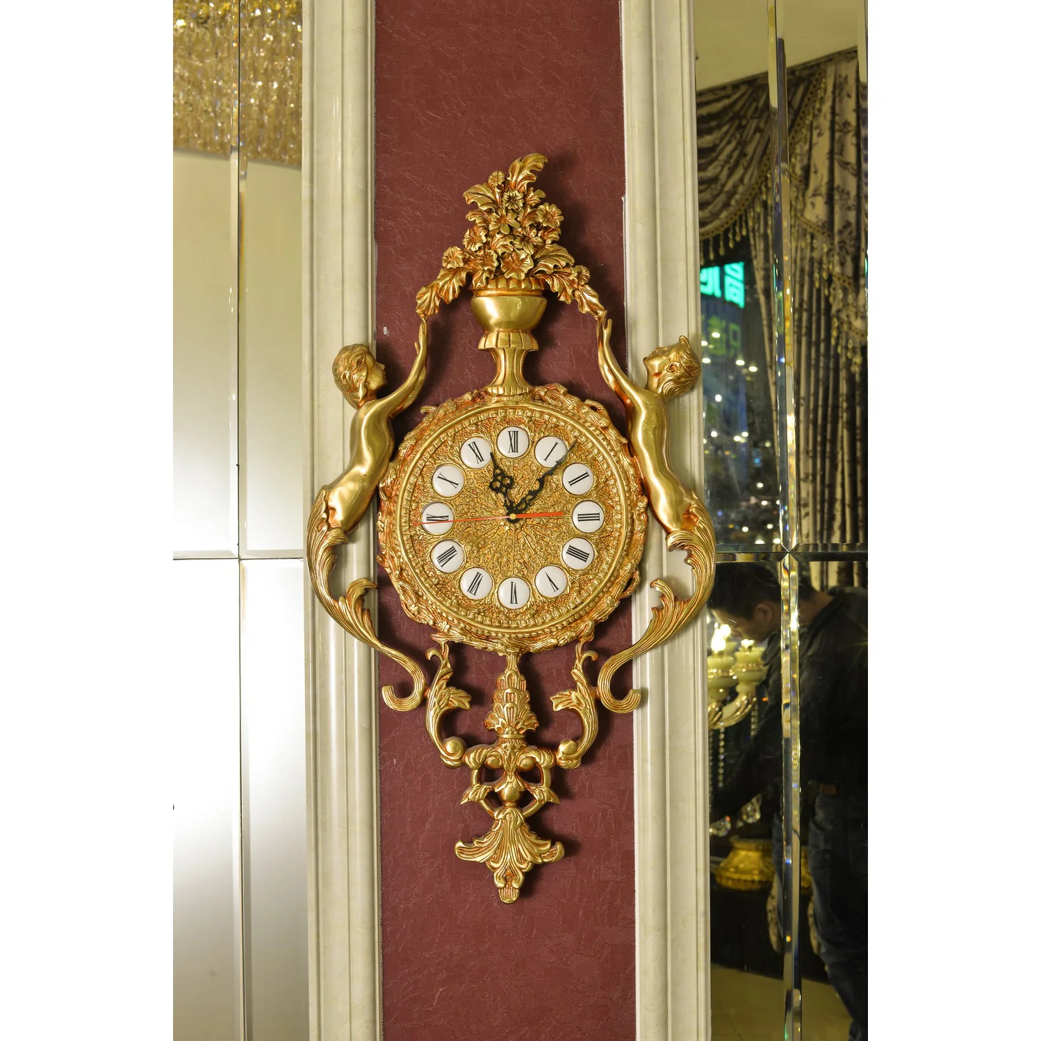 Pure Brass Angel Holding Basket Design Royal Wall Clock Hand Made Copper Hanging Clock