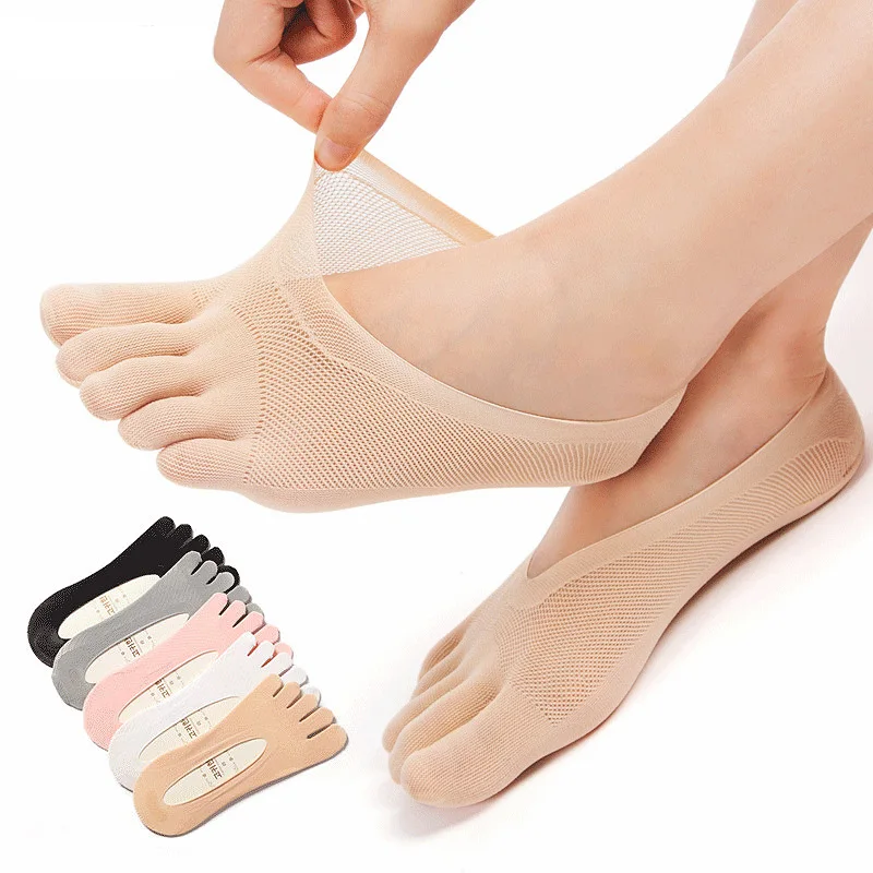 Summer Ladies Velvet Plum Sock Breathable Lace Slippers Mesh Invisible Shallow Silicone Boat Socks Five Finger Sock Slippers