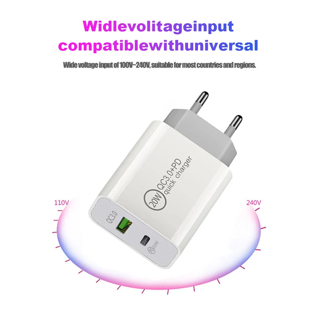 Multi Portable USB C Phone Charger Pd 20W USB Qc 3.0 Dual Fast Charging UK EU US Wall Mobile Phone Charger