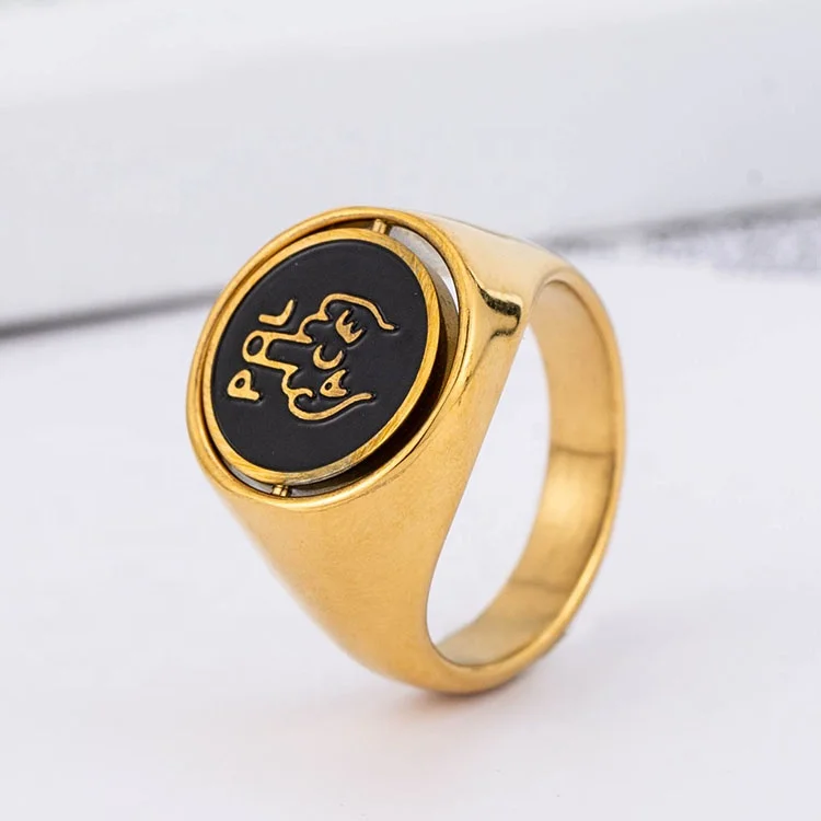 Fashion Hip-Hop Gold Color Rotatable Double Sided Cartoon Design Stainless Steel Letter P Spinner Rings