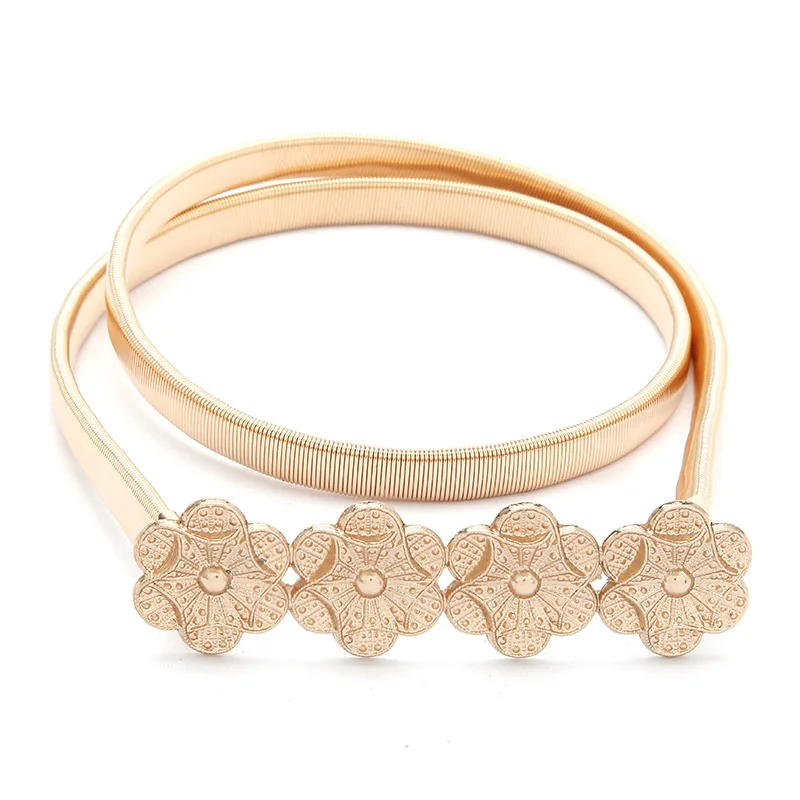 Various Design Rhinestone Gold Metal Flower Metal Elastic Slim Lady Metal Belt In Stock