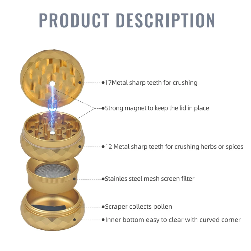 Herb grinder tobacco accessories smoking metal aluminium 4 layers diamond cut