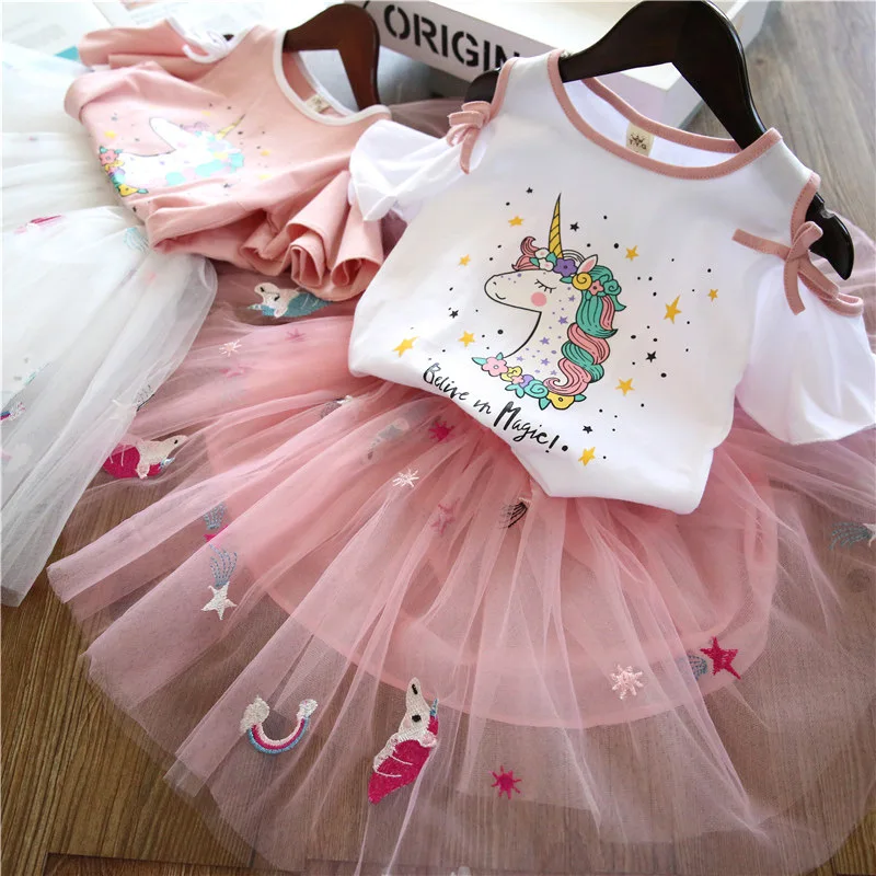 2019 summer hot selling cartoon lace skirt set unicorn baby new fashion 4 year old girls cheap clothes for girl