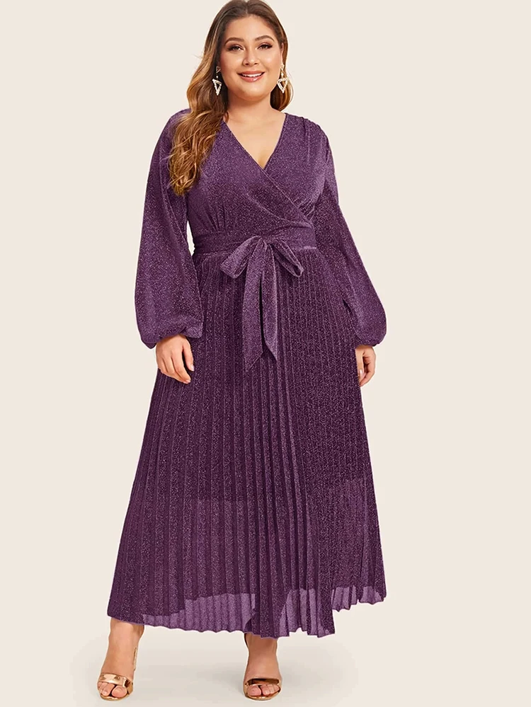 Yindian OEM Fashion party evening dress Ladies long bishop sleeves Shiny Pleated With Belt plus size Dress