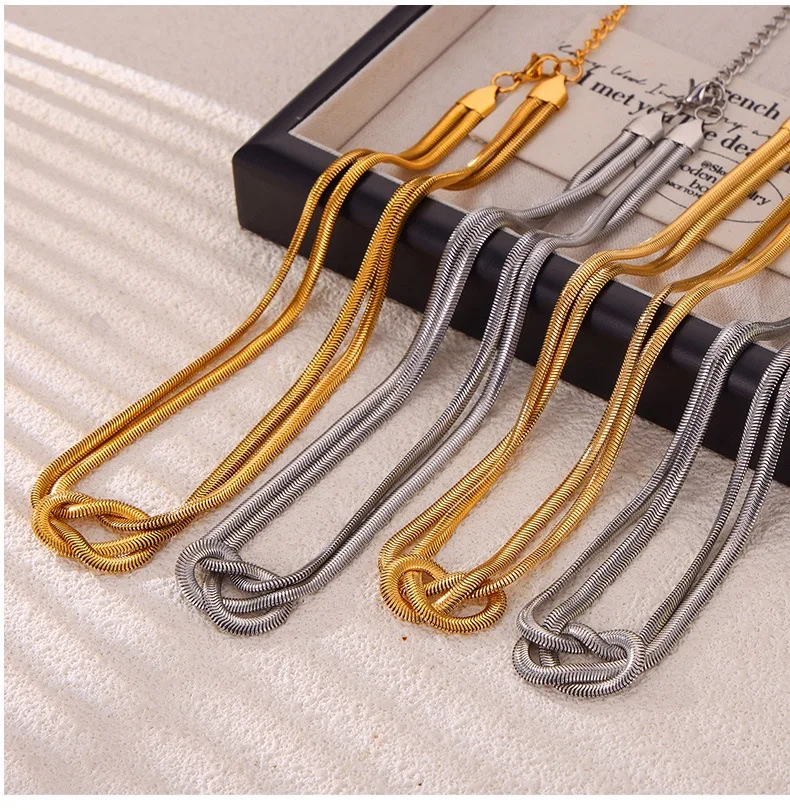 2024 Summer Popular Stainless Steel Chain Necklace Waterproof 18k Gold Plated Knot Layers Choker Snake Necklaces for Girls