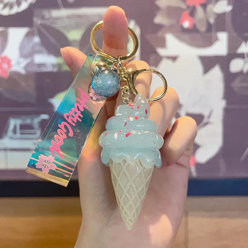 Creative LED 3D Cute Girls Keychain Car Key Ring Accessories Custom Ice Cream kawaii Wristlet Acrylic Cute Keychains