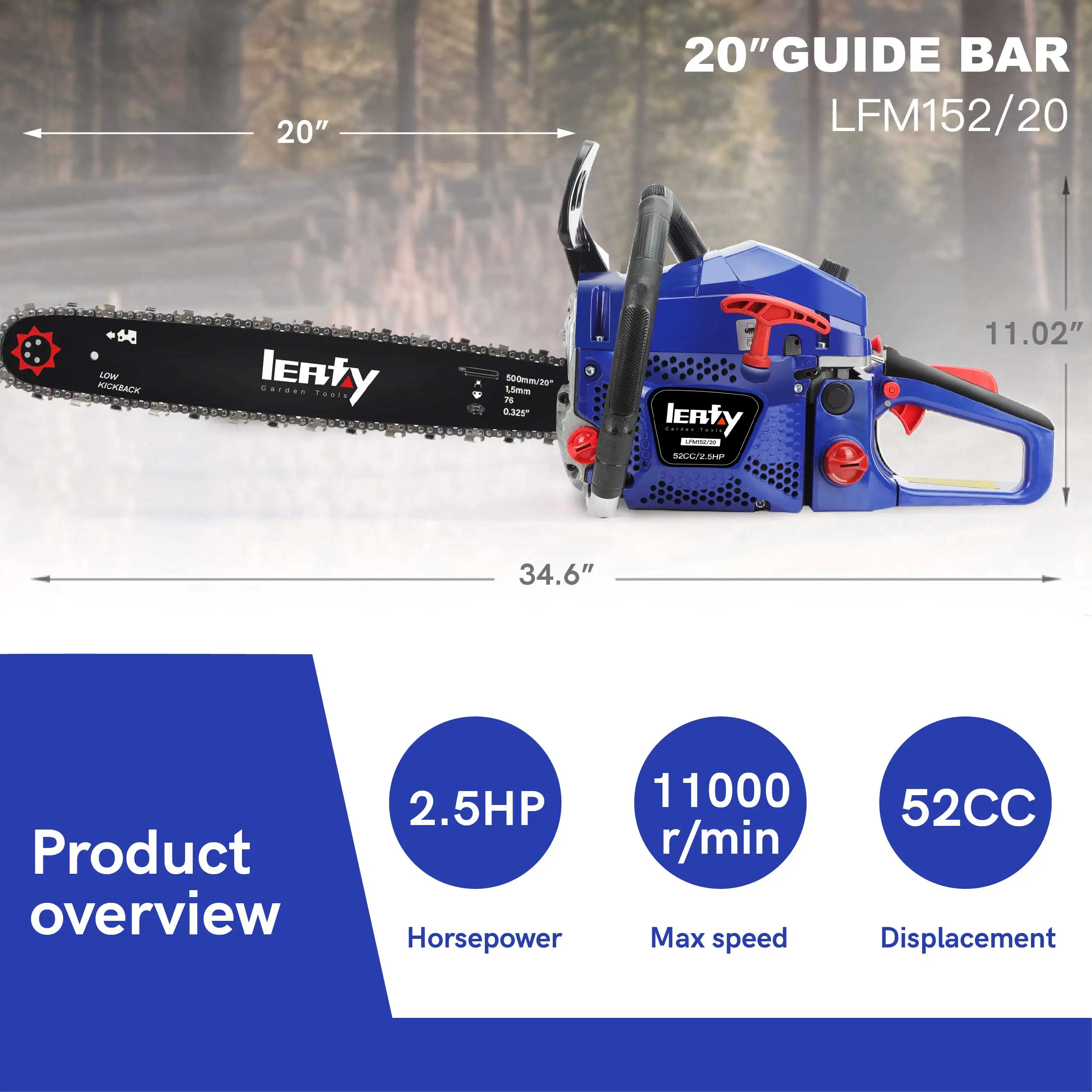 52CC 20' Wood Cutting Chain Saw 1900W 2 Stroke Gasoline Chainsaw Chinese Chainsaw