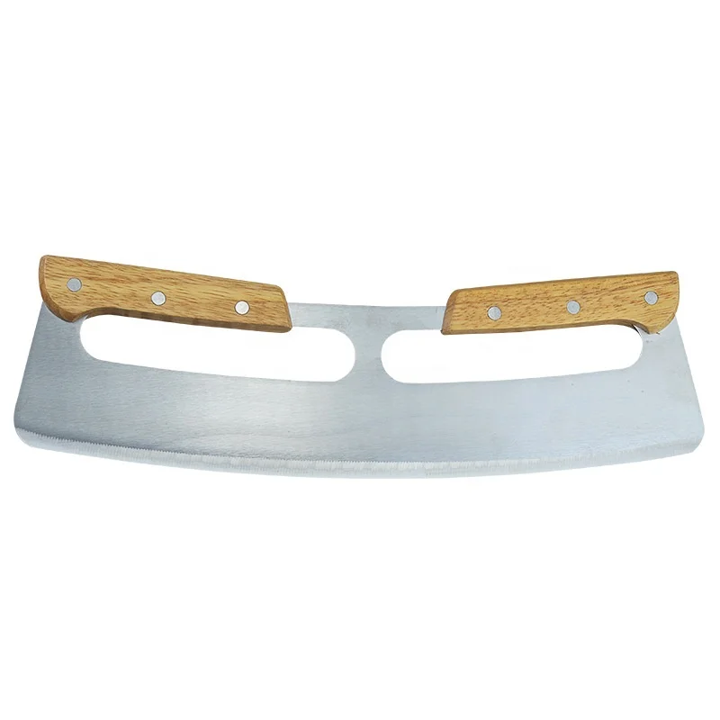 2024 New Products Kitchen Top Seller Mezzaluna Cover Blade Mezzaluna Chopper Knife Pizza Cutter Slicer Knife With Double Wooden