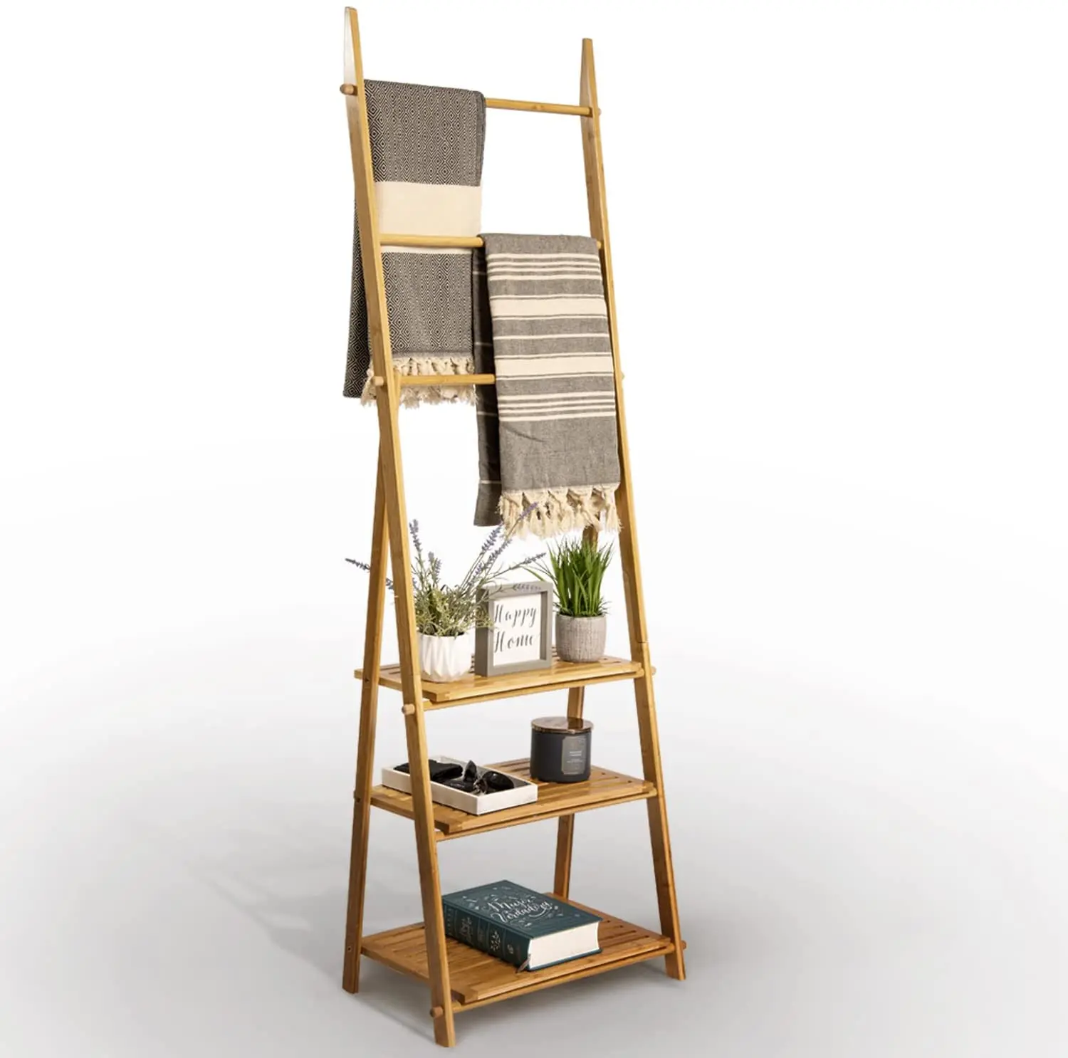 3 Tier Shelves Bamboo Ladder Towel Rack Bathroom Standing Towel Rack Shelf