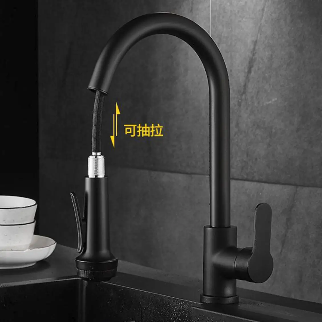  Black Kitchen Faucet with Pull Down Sprayer Commercial Stainless Steel Laundry Single Handle