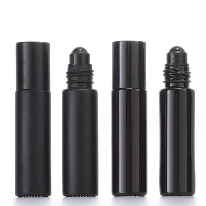 10ml shiny matte black glass roll on bottle for cosmetic essential oil with gemstone obsidian roller