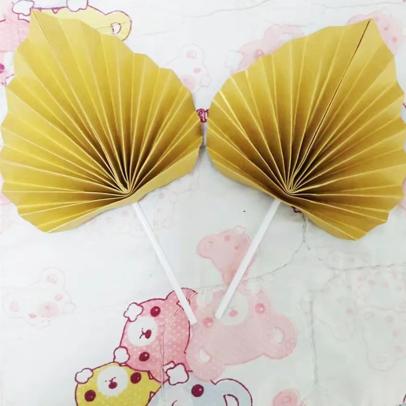 Fashion Hot 2pcs Big Size Paper Glossy Palm Leaves Cake Topper Birthday Cake Decoration Paper Folding Fan Cake Topper