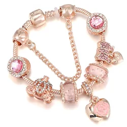 Love Gift to Mom Original charm bracelet  Pink Rose Heart Charm fit Rose Gold Snake Bead Bracelet