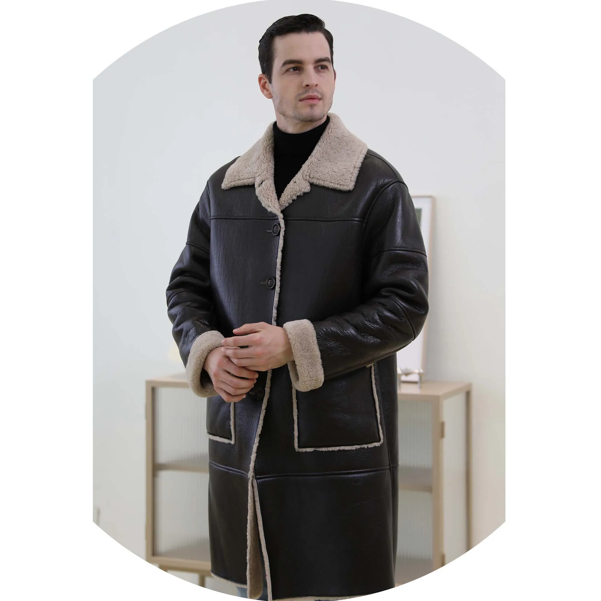 Men Windproof Sheep Shearing Doubleface Real Leather Long Men Genuine Bomber Leather Jacket