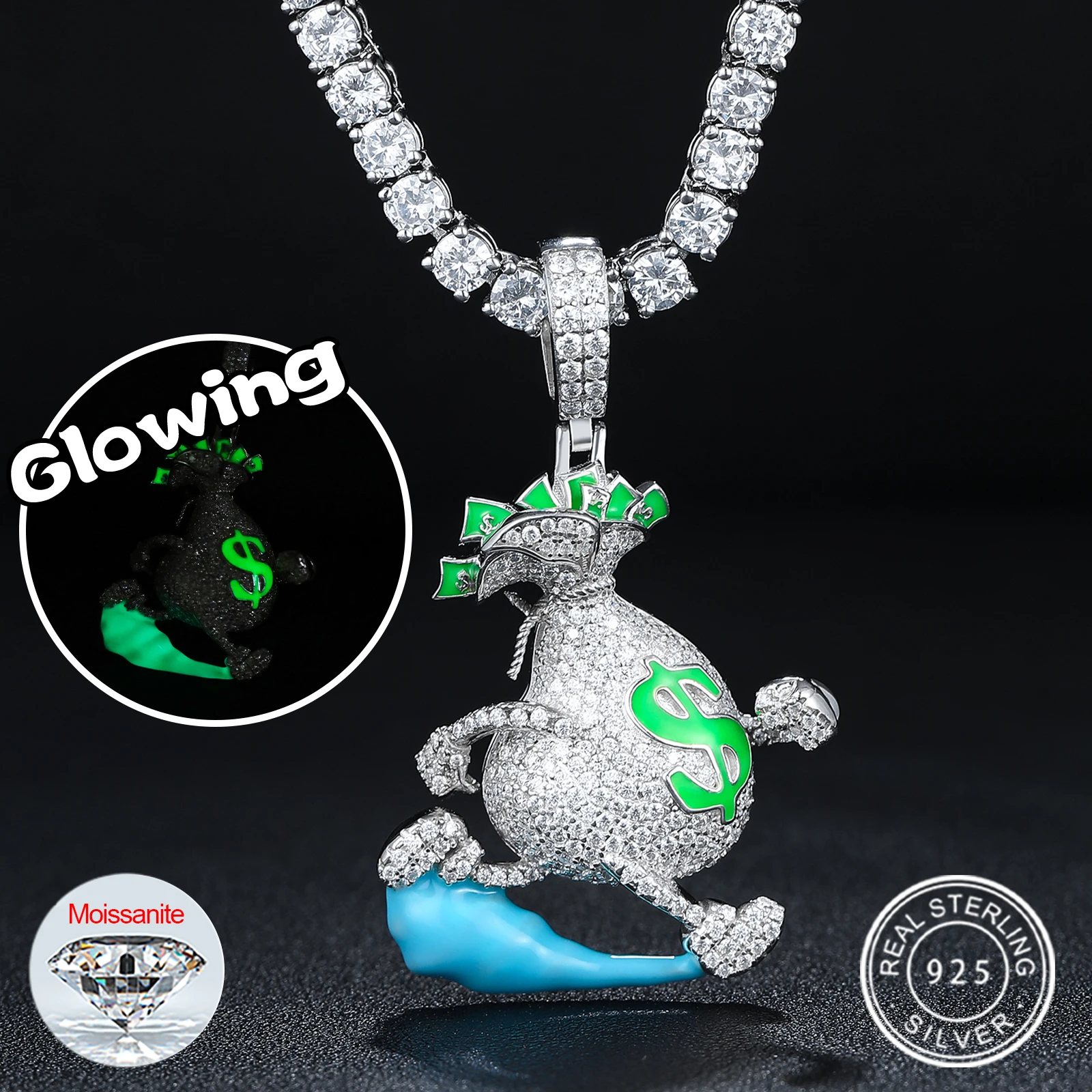 Dropshipping Glow In The Dark Wholesale Price Iced Out Moissanite Running Escape USD Dollar Money Bag Pendant With Chain