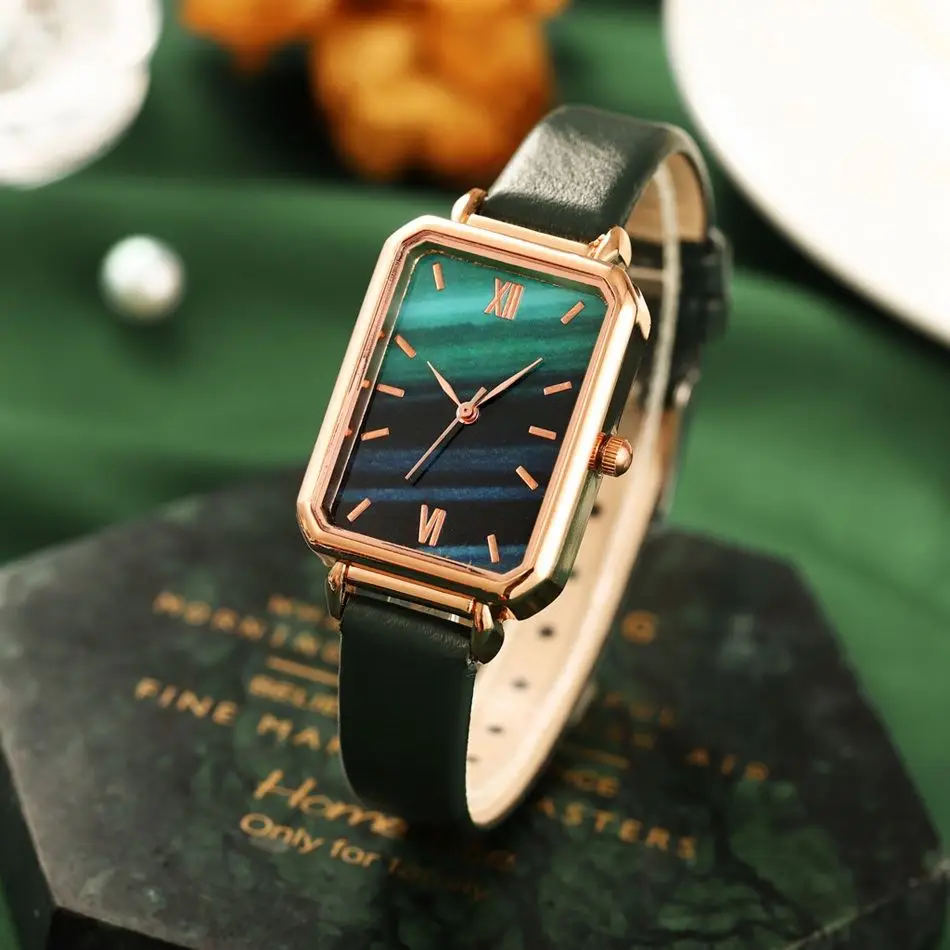Quartz Vintage Leather Wrist Watch Simple Small Female Clock 2/PCS Ripple Retro Watches Women Fashion Exquisite Green Glass 2022