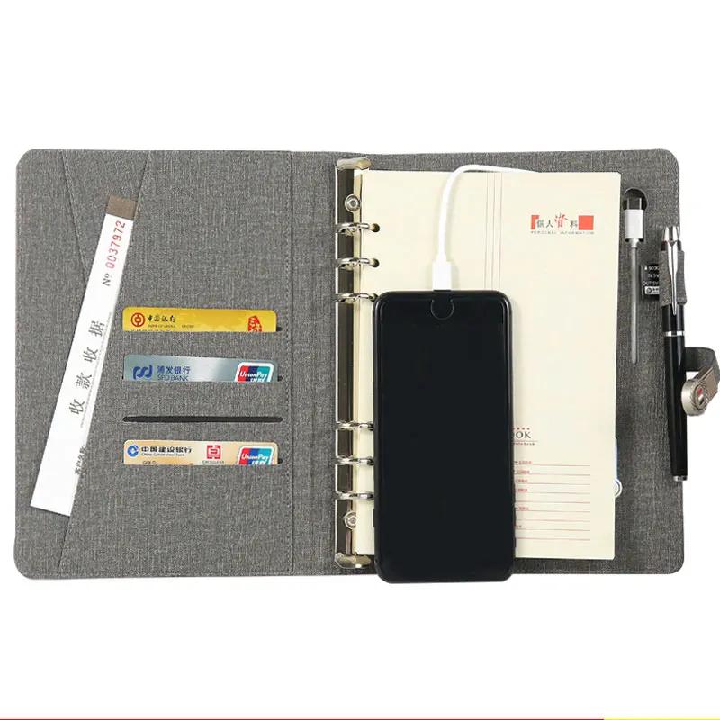 gift creative leather a5 a6 size custom power bank charger notebook and pen set with powerbank usb flash drive yellow pages