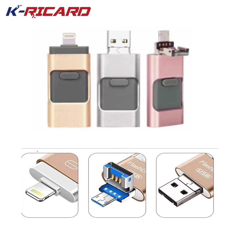 K-ricard 4 in 1 USB-C Flash Drive 512GB 256GB Push-pull Pendrive 128GB 64GB 32GB OTG USB2.0 Stick For Iphone